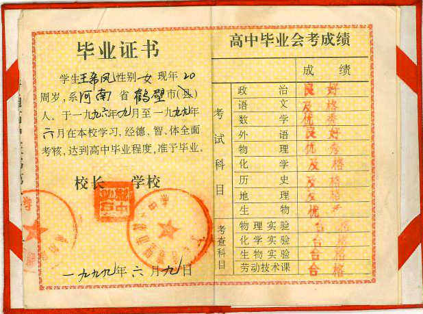 1996年高中毕业证图片_样本