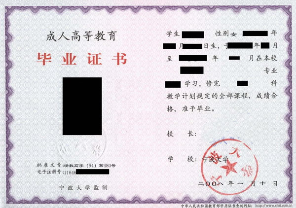 宁波函授大专毕业证样本（2008年版）