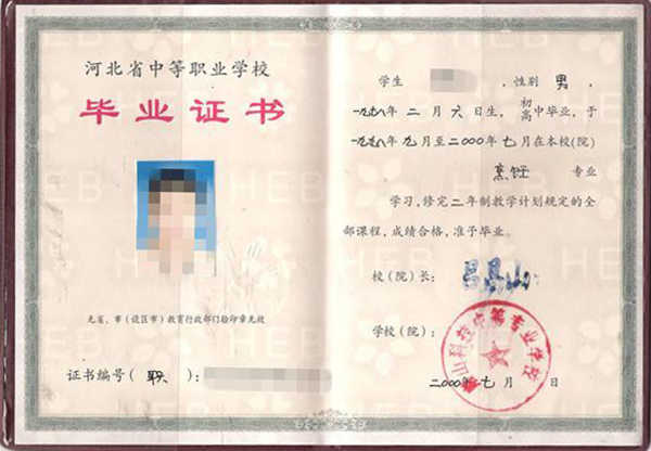 河北2002年中专毕业证图片（高清样本）