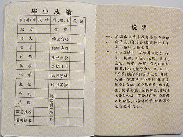 重庆市2005级高中毕业证成绩单