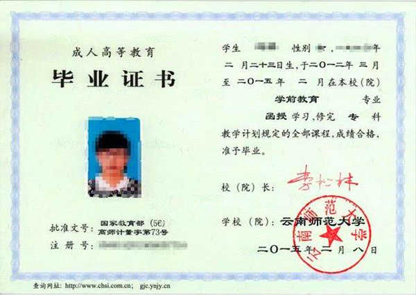 云南函授大专毕业证样本（高清图）