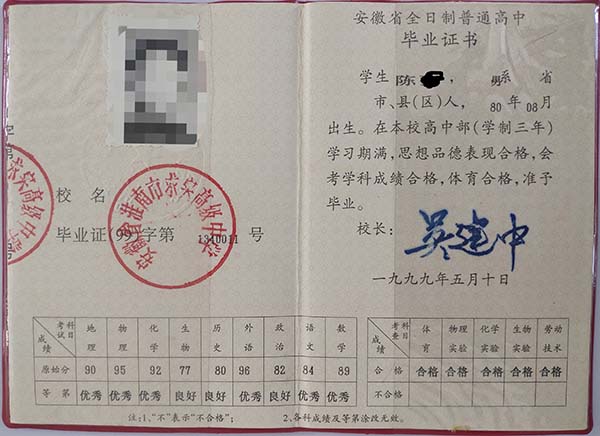 1995年高中毕业证样本（1995年高中毕业证原件图片）