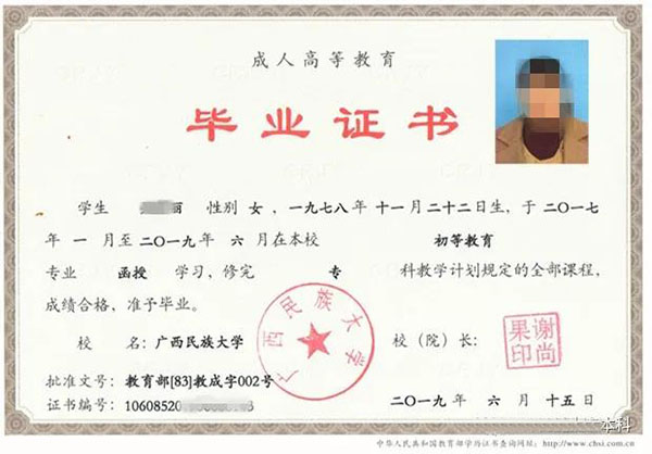 广西民族大学函授大专、本科毕业证样本