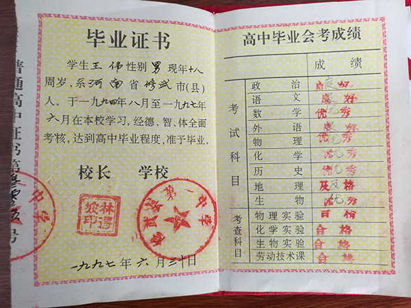 河南省90年代的的高中毕业证样本图