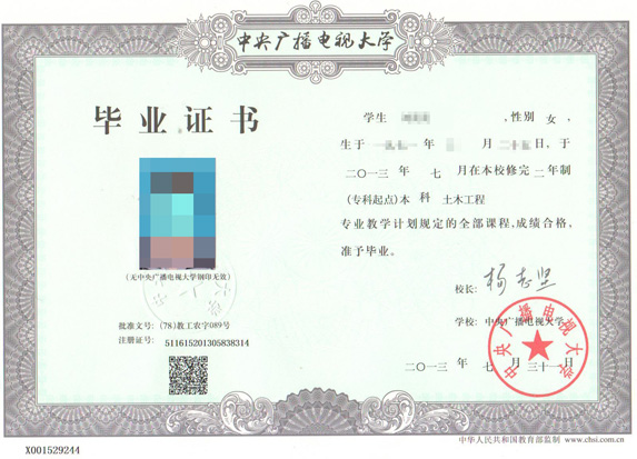 安徽电大（中央广播电视大学）专科毕业证样本