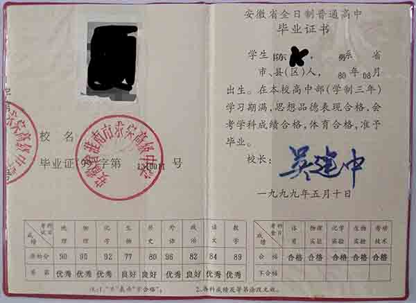 安徽93年高中毕业证原版（旧版安徽省普通高中毕业证）
