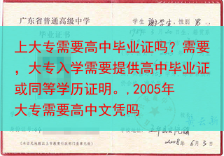 上大专需要高中毕业证吗？需要，大专入学需要提供高中毕业证或同等学历证明。,2005年大专需要高中文凭···